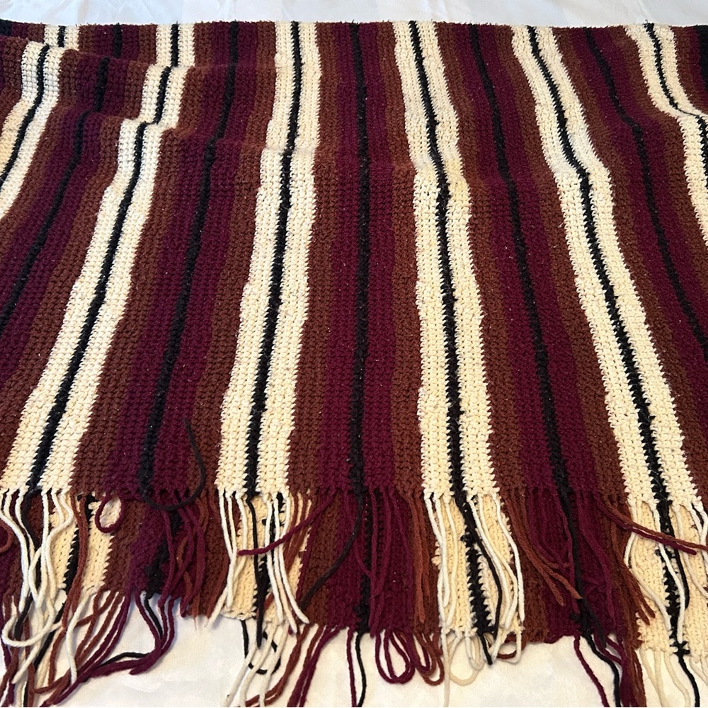 Vintage Crochet Brown Cream Stripe Handmade Blanket Throw Afghan with fringe